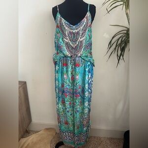 Printed silk BoHo vacation pant set beaded neckline blue floral paisley  m/L